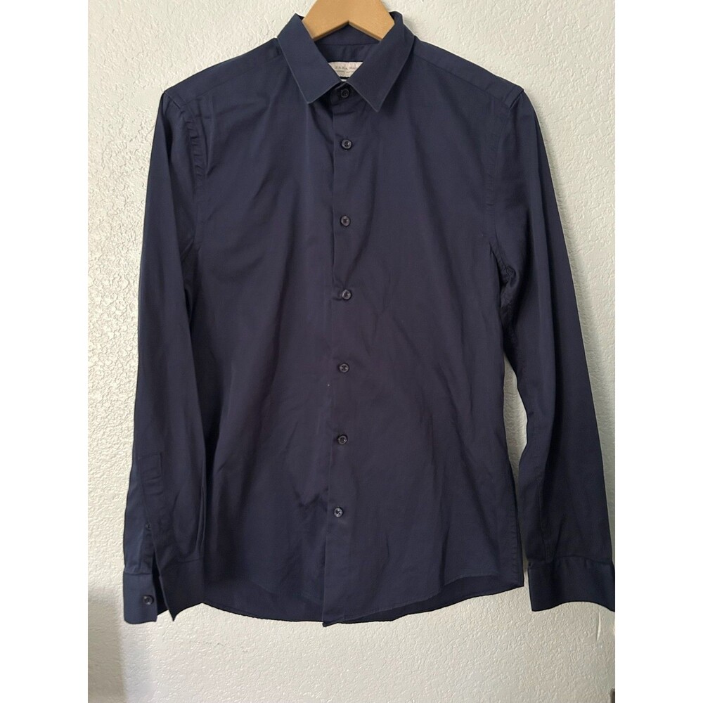 Zara Man Slim Fit Navy Blue Solid Dress Shirt - 100% Cotton Long Sleeve - Size M